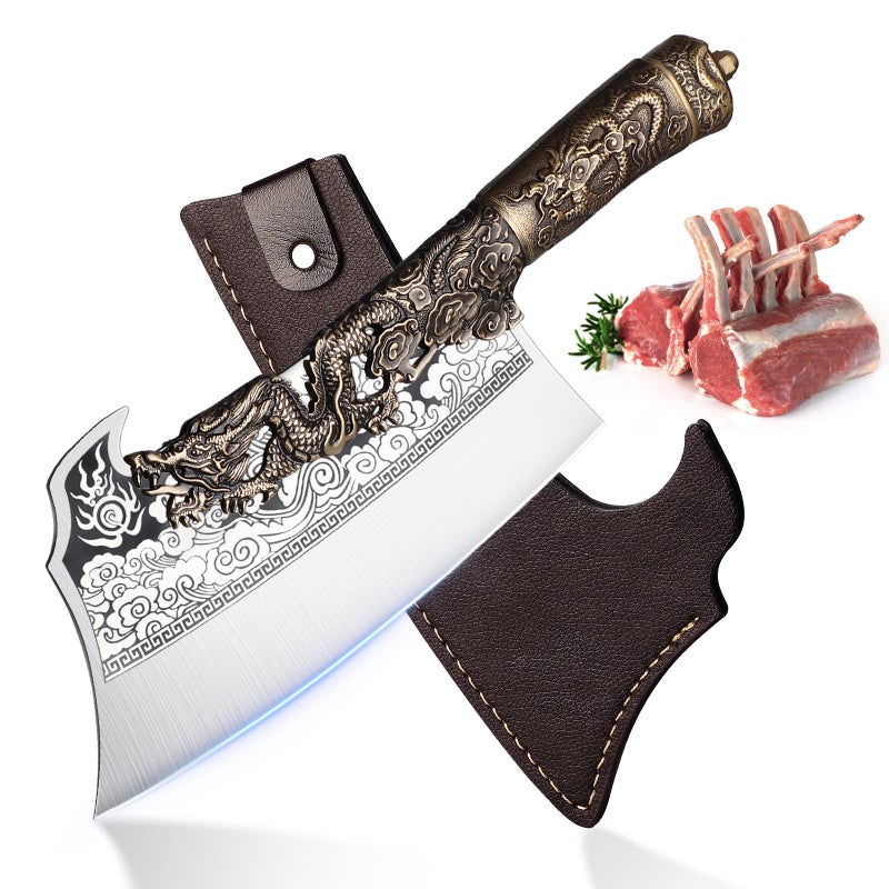 ROCOCO 2lb Dragon Butcher Knife Heavey Duty Cleaver Knife for Meat Bone Cutting 9.5" Cool Big Viking Camping Chopper Cutter with Sheath Birthday Father Mother Christmas Gift Idea Men - Image 1
