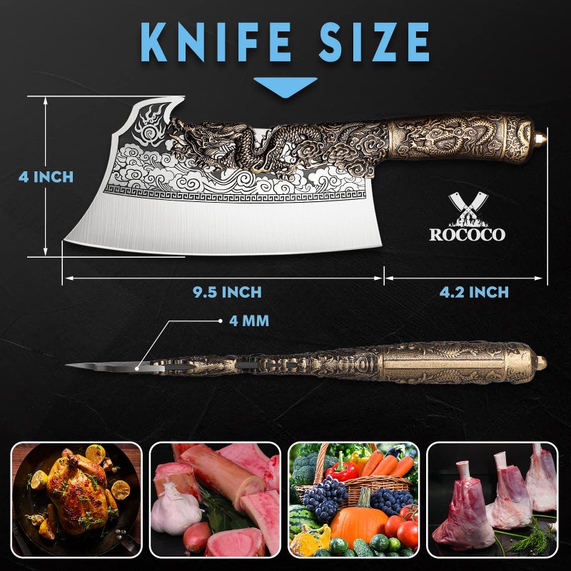 ROCOCO 2lb Dragon Butcher Knife Heavey Duty Cleaver Knife for Meat Bone Cutting 9.5" Cool Big Viking Camping Chopper Cutter with Sheath Birthday Father Mother Christmas Gift Idea Men - Image 2