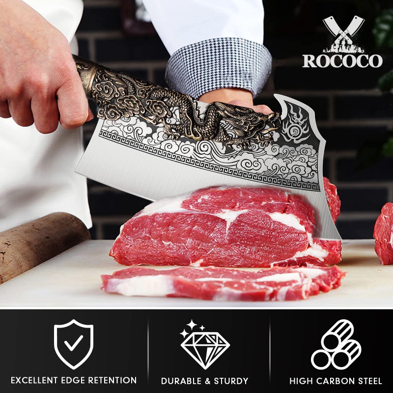 ROCOCO 2lb Dragon Butcher Knife Heavey Duty Cleaver Knife for Meat Bone Cutting 9.5" Cool Big Viking Camping Chopper Cutter with Sheath Birthday Father Mother Christmas Gift Idea Men - Image 4