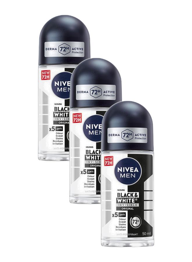 Nivea MEN Black And White Invisible Antiperspirant Roll-On Deodorant Original 50ml Bundle 3 pieces - Image 1