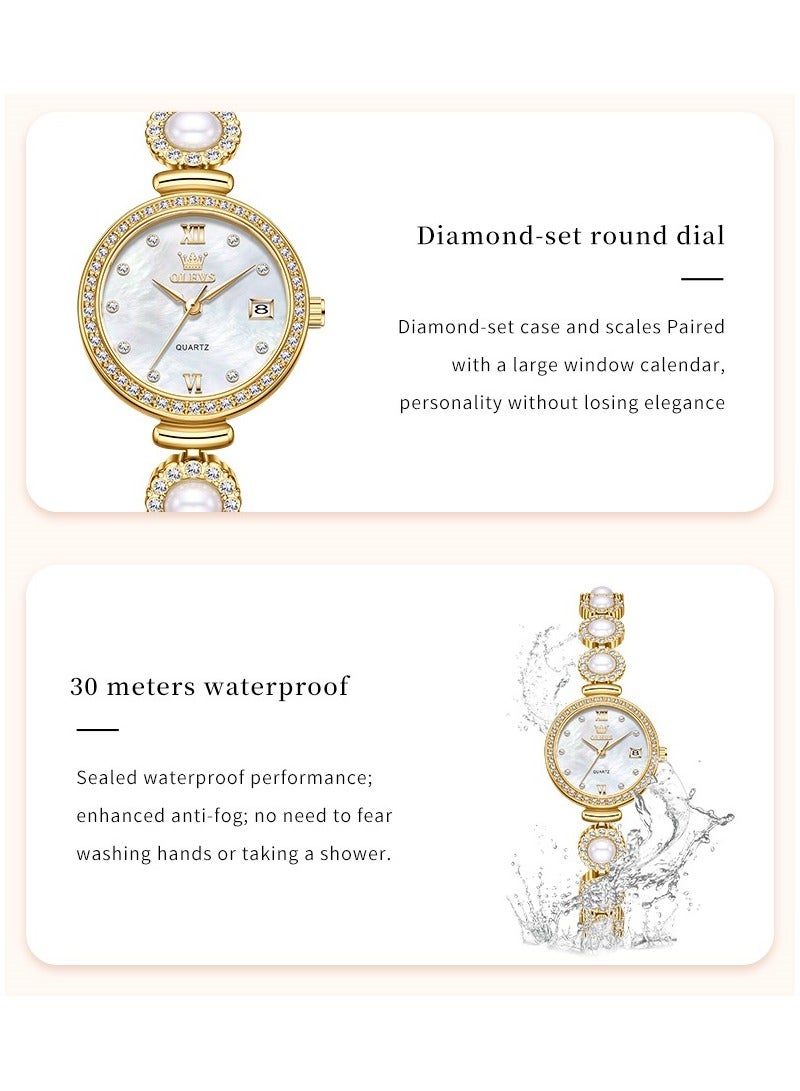 أوليفز ساعة يد نسائية أنيقة وفاخرة بسوار من الفولاذ المقاوم للصدأ واللؤلؤ تصميم مقاوم للماء زجاج عالي الصلابة ساعة سوار عصرية - Image 2