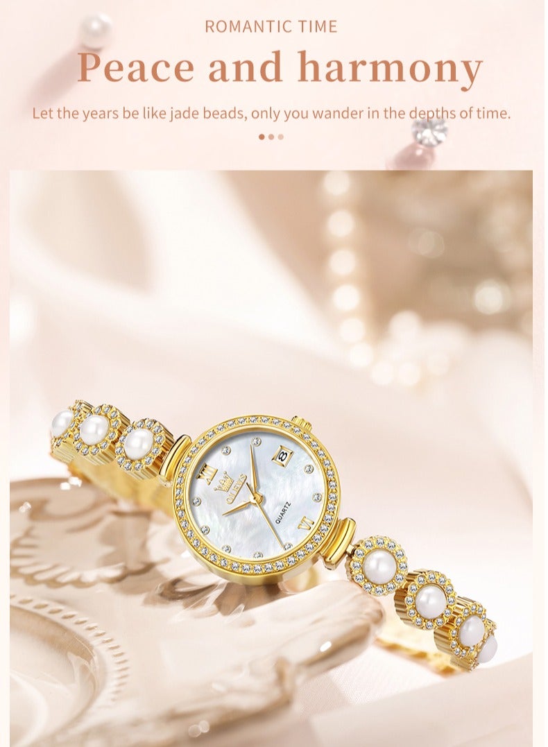 أوليفز ساعة يد نسائية أنيقة وفاخرة بسوار من الفولاذ المقاوم للصدأ واللؤلؤ تصميم مقاوم للماء زجاج عالي الصلابة ساعة سوار عصرية - Image 5