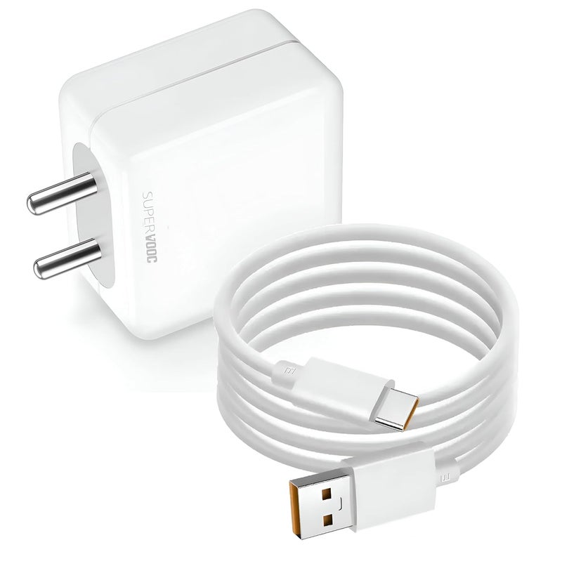 XYKOS محول USB A فائق السرعة Xykos 80W Supervooc/Superdart مع كابل بطول 1 متر لجهاز Narzo 70 Turbo/13/13 Pro Plus/12 Pro+/12Pro/10 Pro+/9 Pro/8/7/Narzo 60 Pro/50 Pro/30/20/C25/Xt/Xt 730G/ دعم 65 واط، أبيض - Image 1