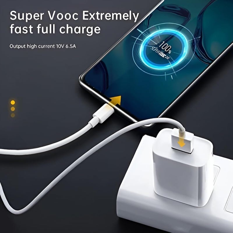 XYKOS محول USB A فائق السرعة Xykos 80W Supervooc/Superdart مع كابل بطول 1 متر لجهاز Narzo 70 Turbo/13/13 Pro Plus/12 Pro+/12Pro/10 Pro+/9 Pro/8/7/Narzo 60 Pro/50 Pro/30/20/C25/Xt/Xt 730G/ دعم 65 واط، أبيض - Image 3