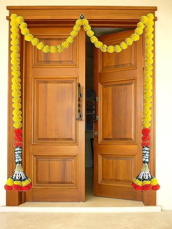 PlantaZee Artificial Marigold Flowers for Decoration Pooja Flower Garlands for Door Decoration Toran Genda Phool for Wedding/Festivals|5 Feet| Mix Color with Bells Pack of 10 - Image 2