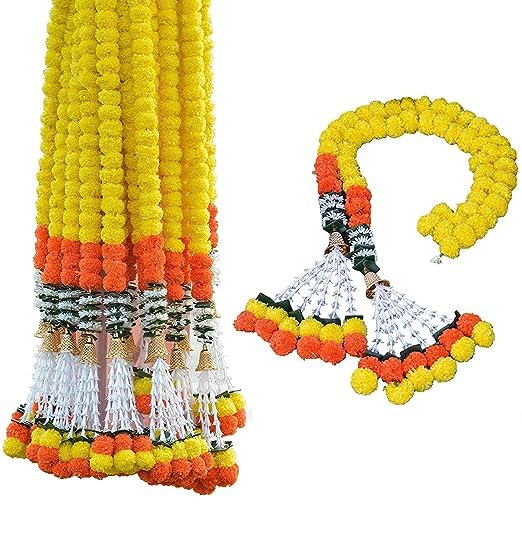 PlantaZee Artificial Marigold Flowers for Decoration Pooja Flower Garlands for Door Decoration Toran Genda Phool for Wedding/Festivals|5 Feet| Mix Color with Bells Pack of 10 - Image 1