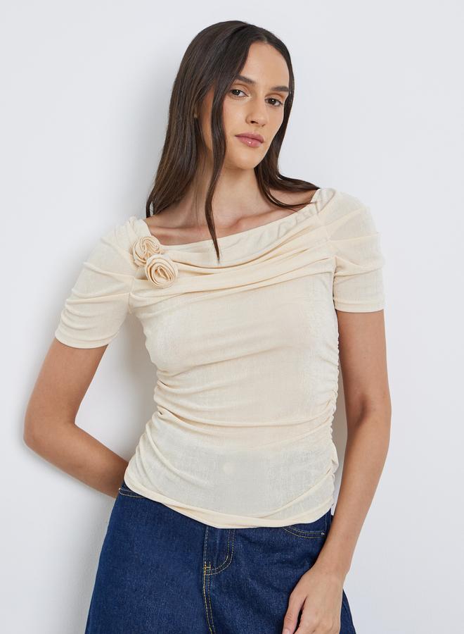 Styli Flower Corsage Mesh Short Sleeve Top - Image 1