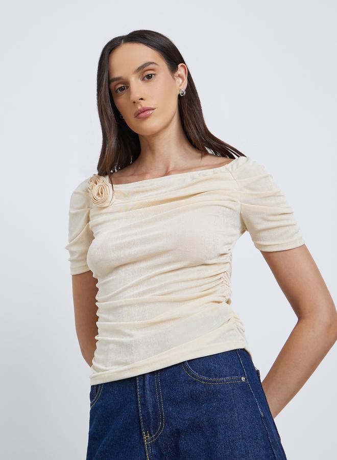 Styli Flower Corsage Mesh Short Sleeve Top - Image 3