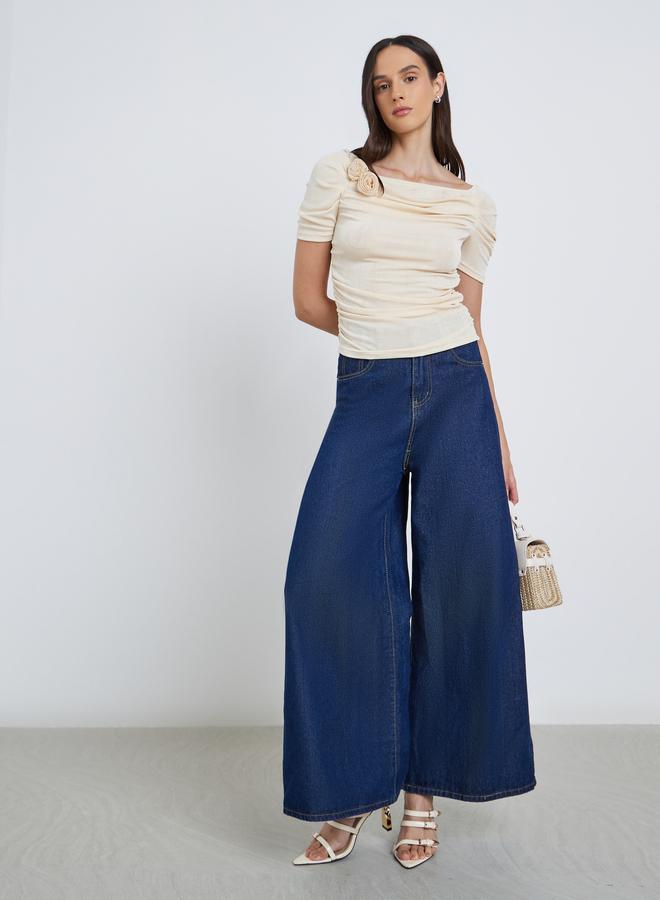 Styli Flower Corsage Mesh Short Sleeve Top - Image 2