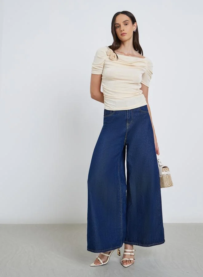 Styli Styli Flower Corsage Mesh Short Sleeve Top