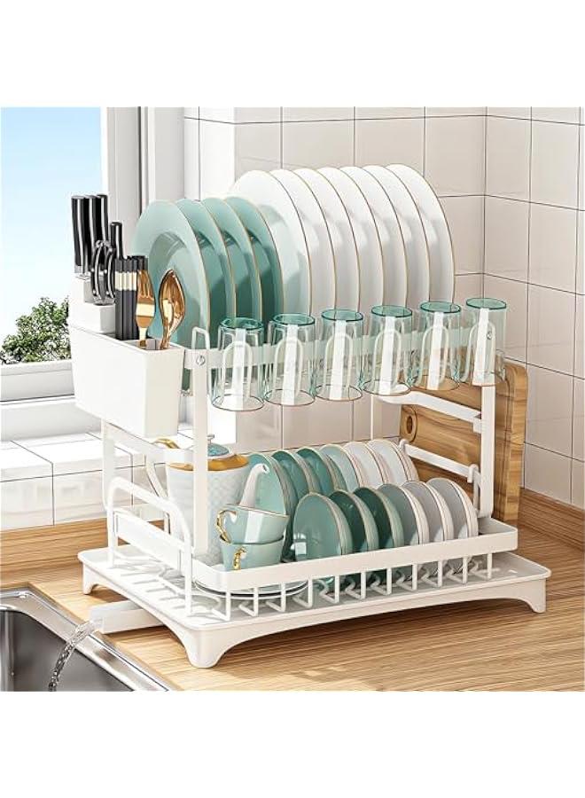 HOOKOR Dish Drying Rack 2 Tier Dish Rack drying rack kitchen Large Double Stainless Steel Dish Rack Foldable Rustproof Dish Rack Dish Drainer (White) - Image 1