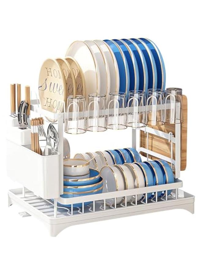 HOOKOR Dish Drying Rack 2 Tier Dish Rack drying rack kitchen Large Double Stainless Steel Dish Rack Foldable Rustproof Dish Rack Dish Drainer (White) - Image 2
