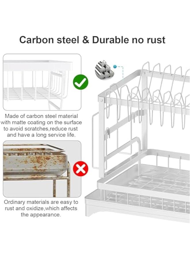 HOOKOR Dish Drying Rack 2 Tier Dish Rack drying rack kitchen Large Double Stainless Steel Dish Rack Foldable Rustproof Dish Rack Dish Drainer (White) - Image 3
