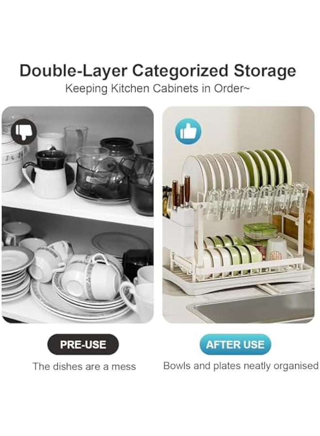 HOOKOR Dish Drying Rack 2 Tier Dish Rack drying rack kitchen Large Double Stainless Steel Dish Rack Foldable Rustproof Dish Rack Dish Drainer (White) - Image 5