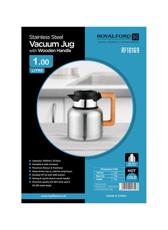 Royalford - Royalford Stainless Steel Vacuum Jug with Wooden Handle, 1L | RF10169 | Thermal Insulated Airpot | Keep Drinks Hot & Cold up to Hours | Portable & Leak Proof Thermal Flask - Image 1