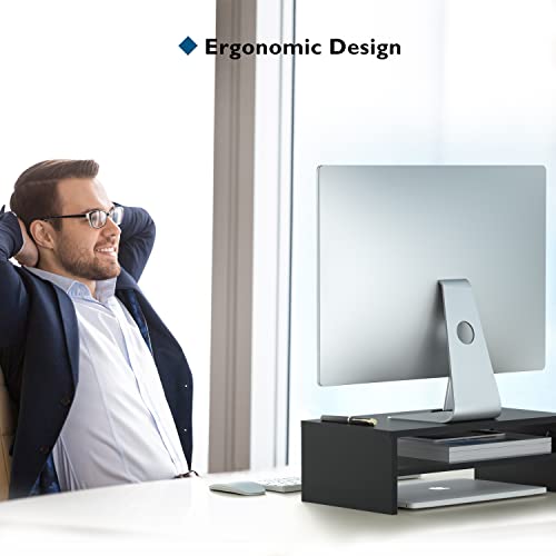 BONTEC Wooden Monitor Stand Riser, 2-Tier Desk Shelf with Storage Organizer, Ergonomic Computer Stand with Cable Management, Cellphone Holder, Black, 16.5 Inch - Image 5