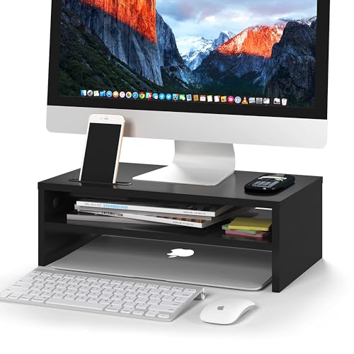 BONTEC Wooden Monitor Stand Riser, 2-Tier Desk Shelf with Storage Organizer, Ergonomic Computer Stand with Cable Management, Cellphone Holder, Black, 16.5 Inch - Image 1