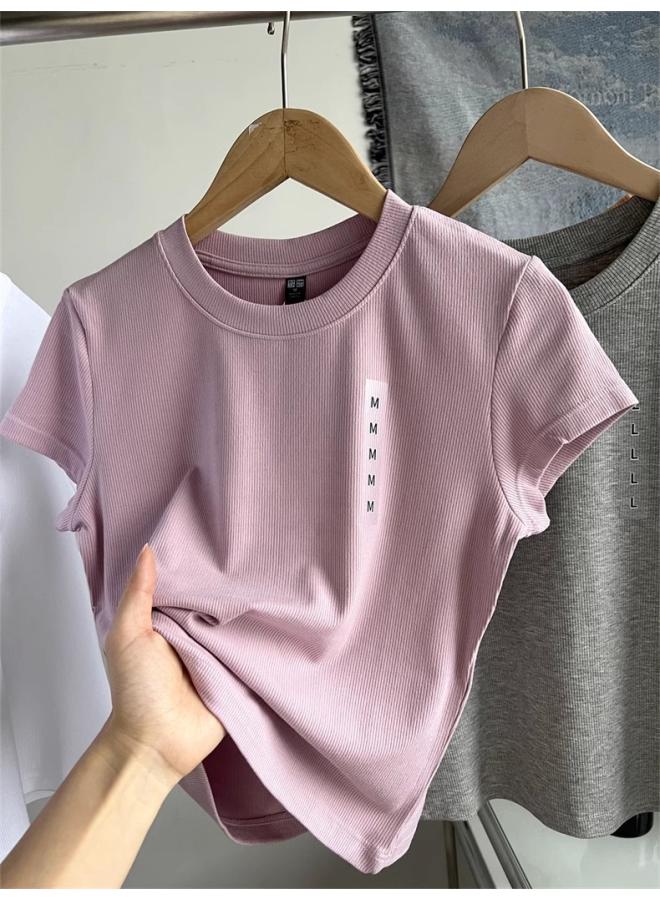 Summer Spice Girl T-fitting Room Women's Elegant High Waist Shoulder Nat-fit Slim Threaded Cotton Base Short-sleeved T-shirt