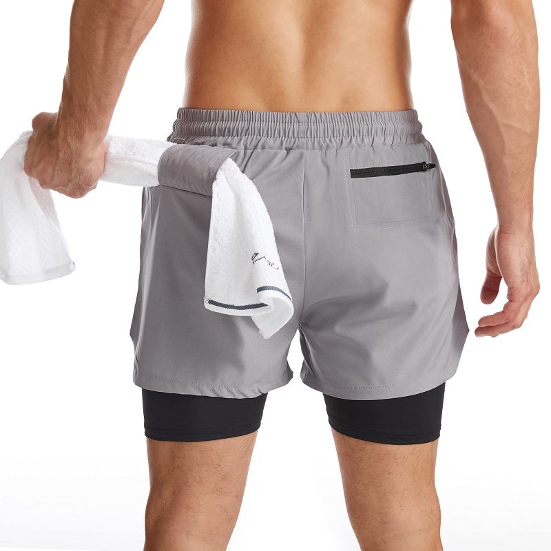 Surenow Mens 2 in 1 Running Shorts Quick Dry Athletic Shorts with Liner, Workout Shorts with Zip Pockets and Towel Loop Light Grey - Image 2