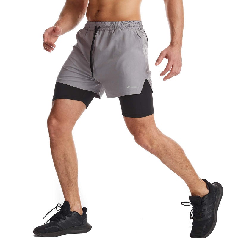 Surenow Mens 2 in 1 Running Shorts Quick Dry Athletic Shorts with Liner, Workout Shorts with Zip Pockets and Towel Loop Light Grey - Image 3