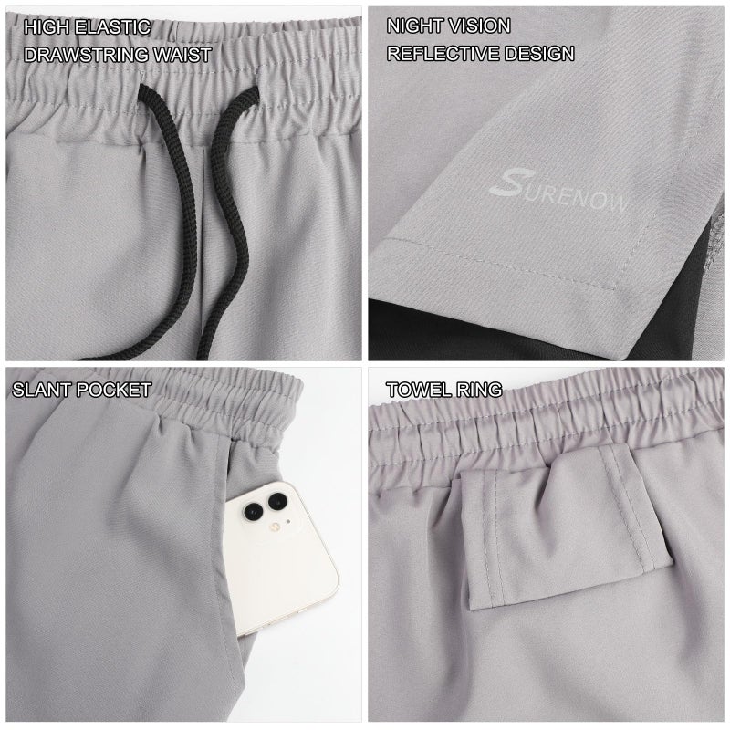 Surenow Mens 2 in 1 Running Shorts Quick Dry Athletic Shorts with Liner, Workout Shorts with Zip Pockets and Towel Loop Light Grey - Image 4