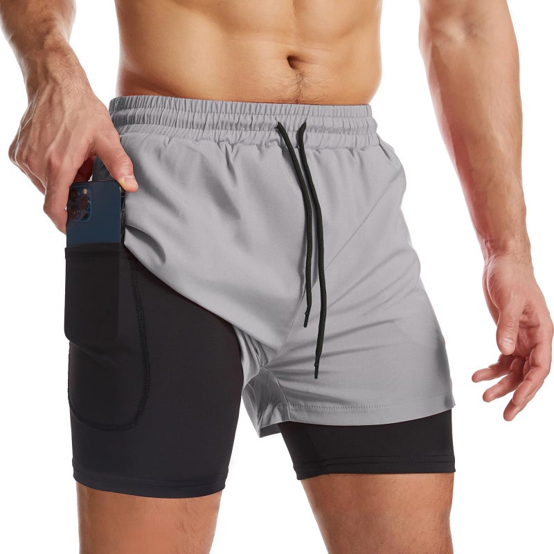 Surenow Mens 2 in 1 Running Shorts Quick Dry Athletic Shorts with Liner, Workout Shorts with Zip Pockets and Towel Loop Light Grey - Image 1