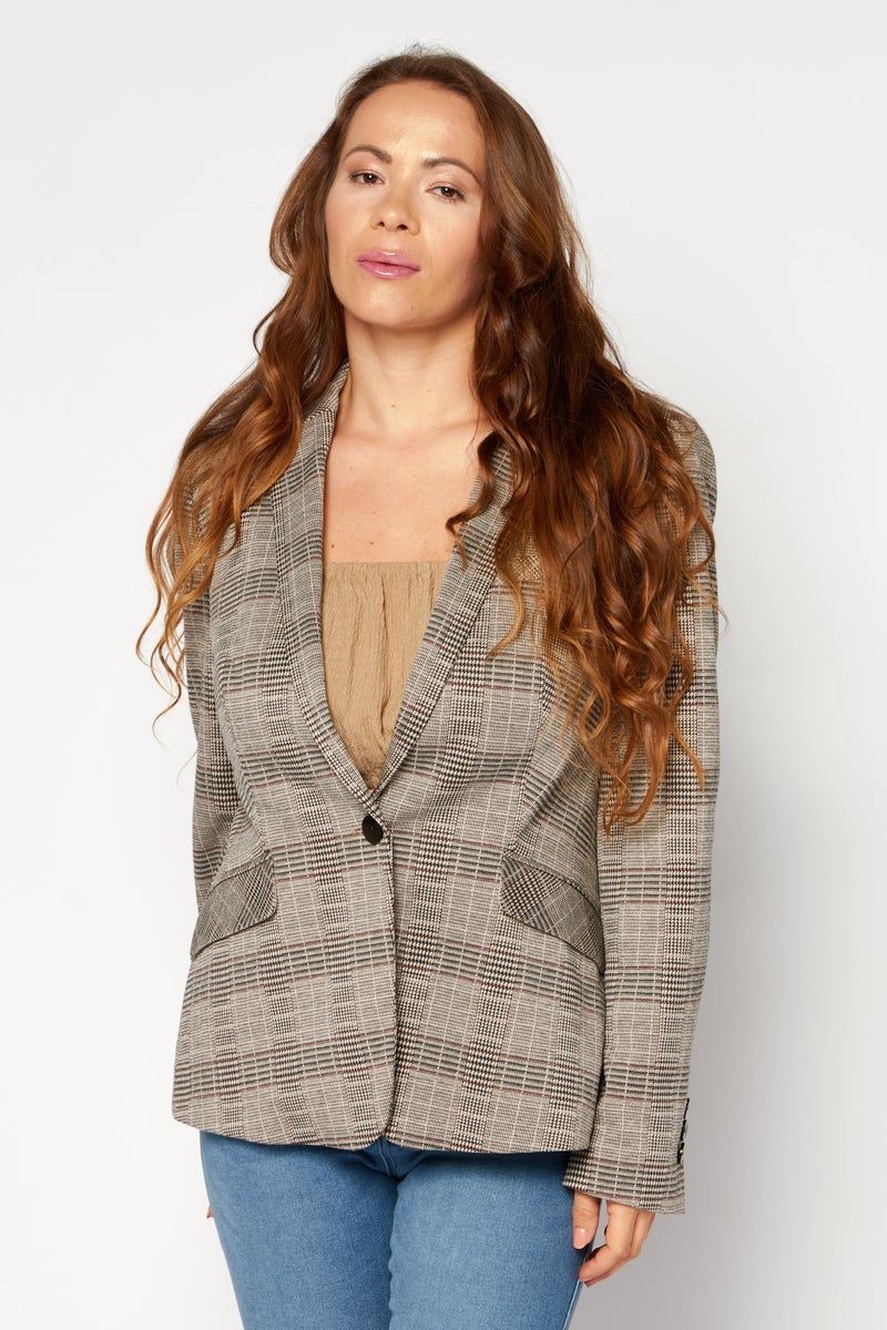 ESPRIT Women Regular Fit Plaid Blazer, Beige Combo - Image 1