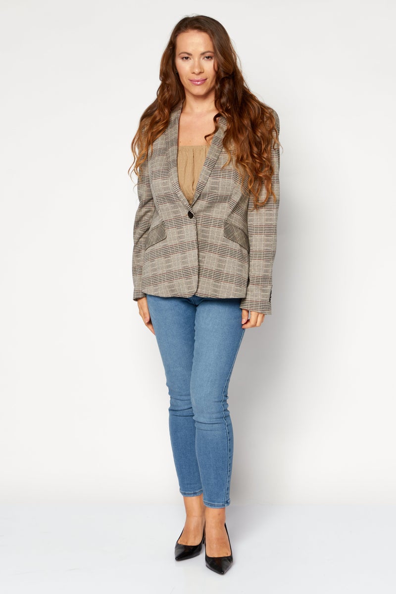 ESPRIT Women Regular Fit Plaid Blazer, Beige Combo - Image 3