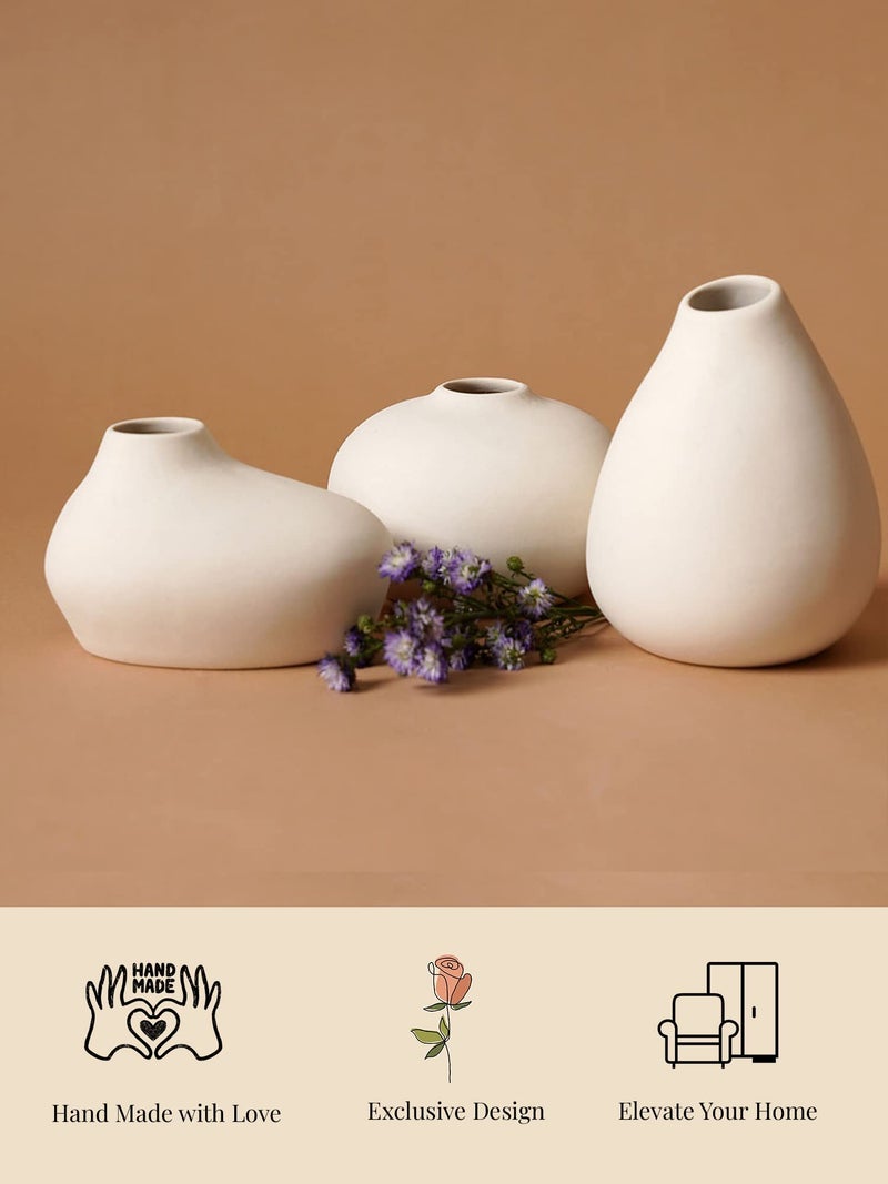 PUREZENTO Shimizu Ceramic Flower Vase | White - Set of 3 | Elegant Neutral White Vases for Modern Homes, Office & Shelf Decor | Decorative Miniature Showpiece & Centerpiece Vases - Image 3