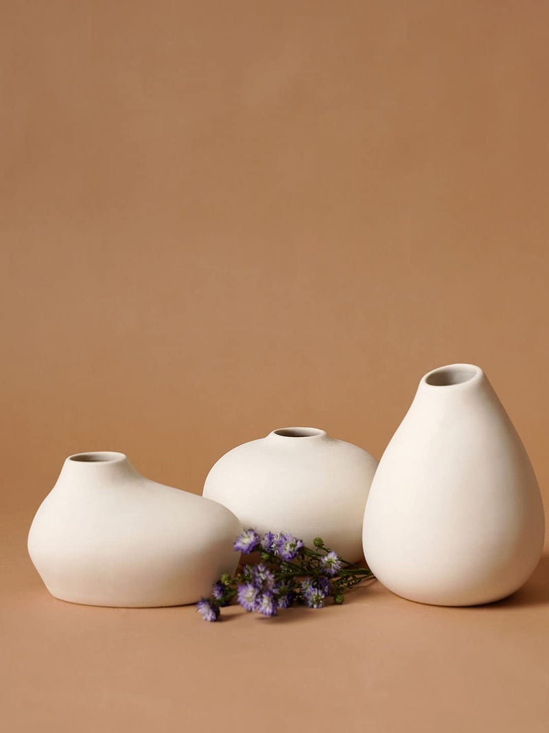 PUREZENTO Shimizu Ceramic Flower Vase | White - Set of 3 | Elegant Neutral White Vases for Modern Homes, Office & Shelf Decor | Decorative Miniature Showpiece & Centerpiece Vases - Image 4