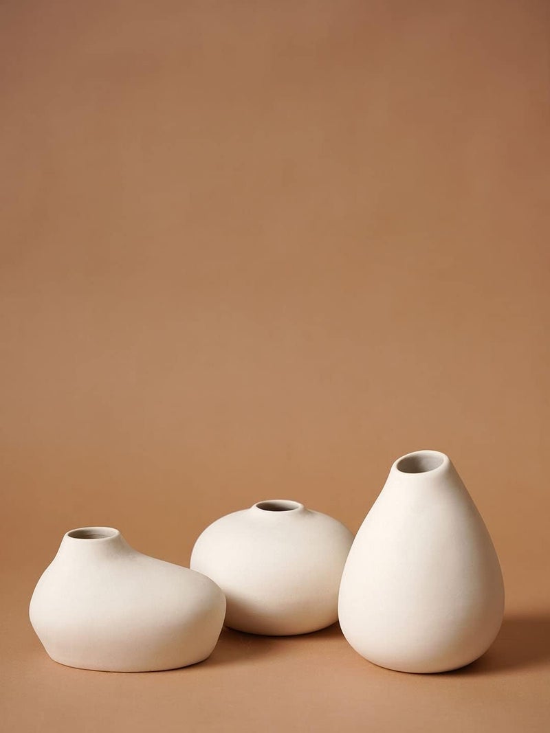 PUREZENTO Shimizu Ceramic Flower Vase | White - Set of 3 | Elegant Neutral White Vases for Modern Homes, Office & Shelf Decor | Decorative Miniature Showpiece & Centerpiece Vases - Image 1