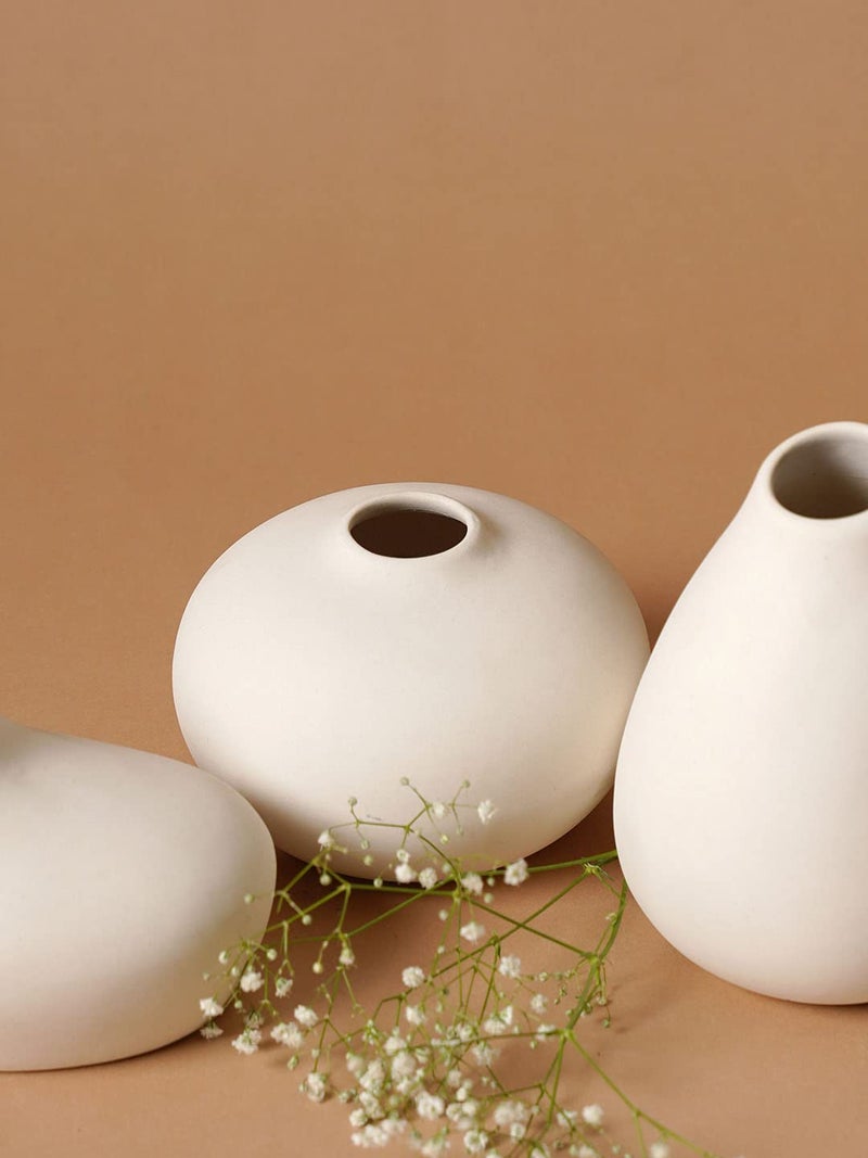 PUREZENTO Shimizu Ceramic Flower Vase | White - Set of 3 | Elegant Neutral White Vases for Modern Homes, Office & Shelf Decor | Decorative Miniature Showpiece & Centerpiece Vases - Image 5
