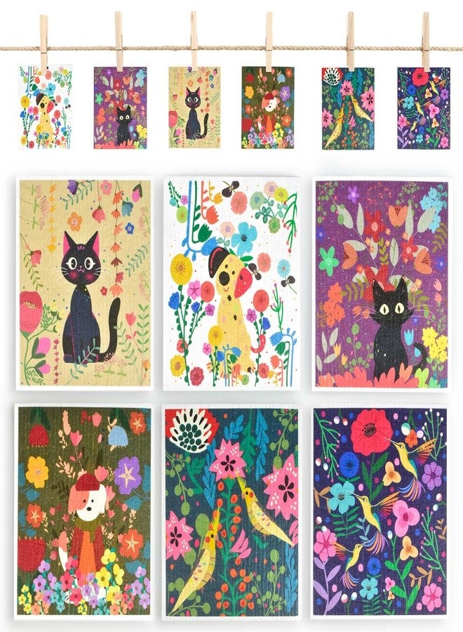 CONLI 6 Pack Swedish Dishcloth Reusable Dish Cleaning Towels Super Absorbent Fast Drying Cloths for Kitchen Cleaning - 6 Assortment Designs (H-Flower CAT Dog) - Image 1