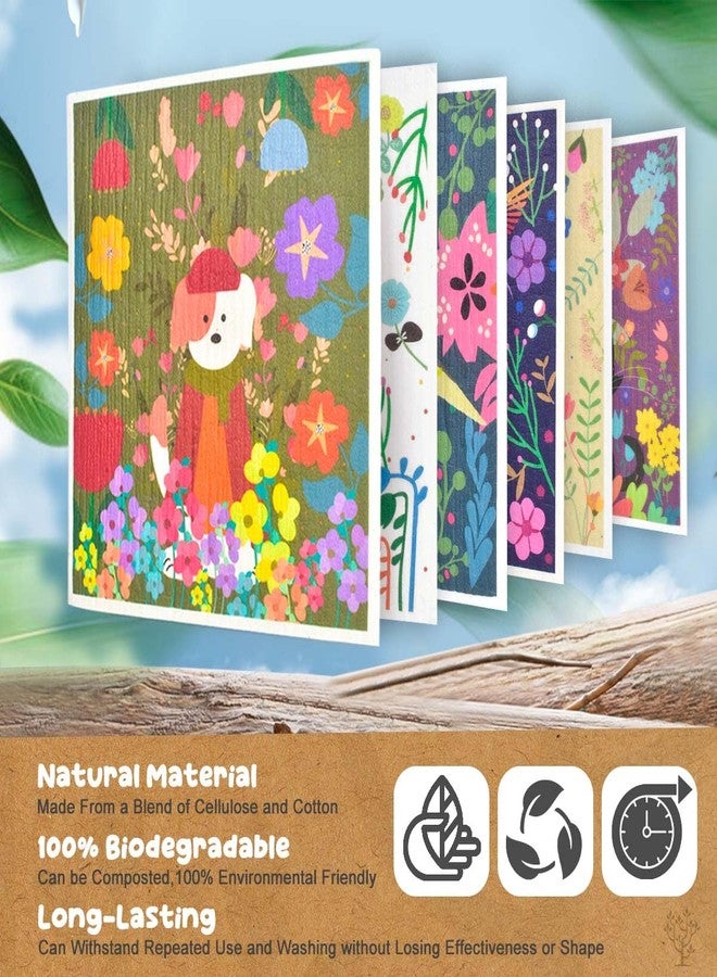 CONLI 6 Pack Swedish Dishcloth Reusable Dish Cleaning Towels Super Absorbent Fast Drying Cloths for Kitchen Cleaning - 6 Assortment Designs (H-Flower CAT Dog) - Image 4