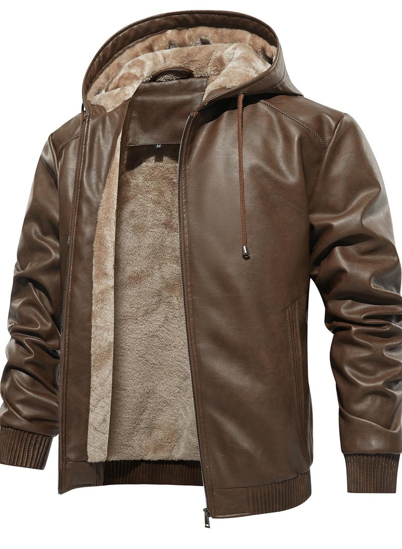 FANARCHER Mens Faux Leather Jacket Fleece Padded Bomber Motorcycle Jacket with Hood - Image 2