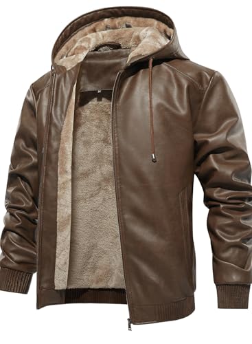 FANARCHER Mens Faux Leather Jacket Fleece Padded Bomber Motorcycle Jacket with Hood - Image 1