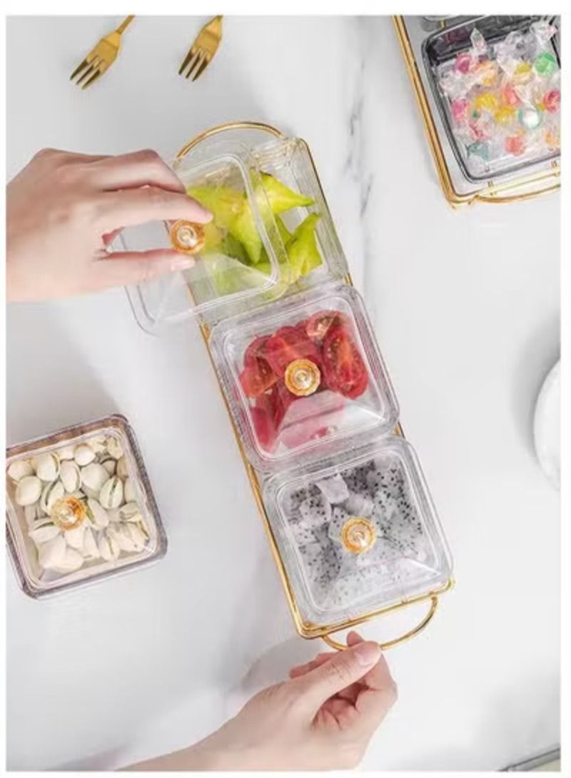 3 bowl Fruit Dessert Snack Bowl Food Nut Storage Golden Tray With Lid Glass Tableware - Image 1
