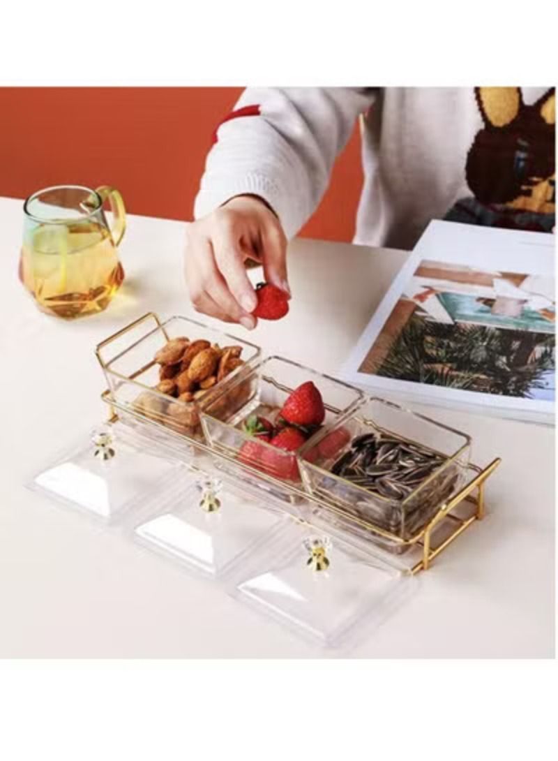 3 bowl Fruit Dessert Snack Bowl Food Nut Storage Golden Tray With Lid Glass Tableware - Image 2