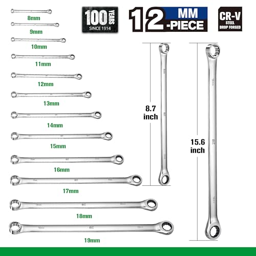 SK Extra Long Ratcheting Wrench Set, Double Box End Wrench Set, 12-Piece, Metric, 8 mm to 19 mm, 72-Tooth, Premium CR-V Construction, with Rolling Pouch - Image 4