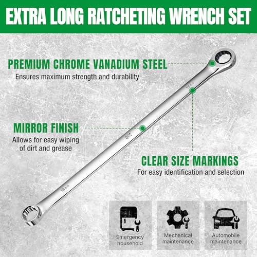 SK Extra Long Ratcheting Wrench Set, Double Box End Wrench Set, 12-Piece, Metric, 8 mm to 19 mm, 72-Tooth, Premium CR-V Construction, with Rolling Pouch - Image 3