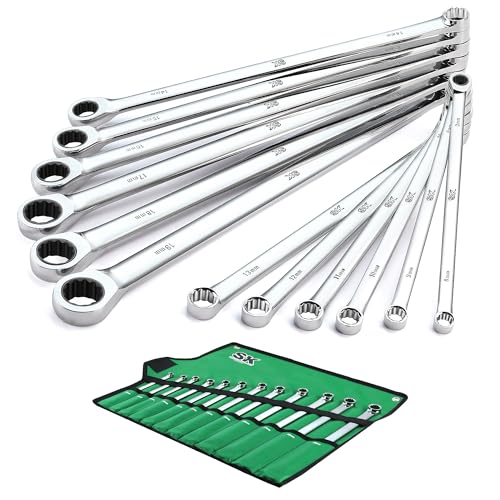 SK Extra Long Ratcheting Wrench Set, Double Box End Wrench Set, 12-Piece, Metric, 8 mm to 19 mm, 72-Tooth, Premium CR-V Construction, with Rolling Pouch - Image 1