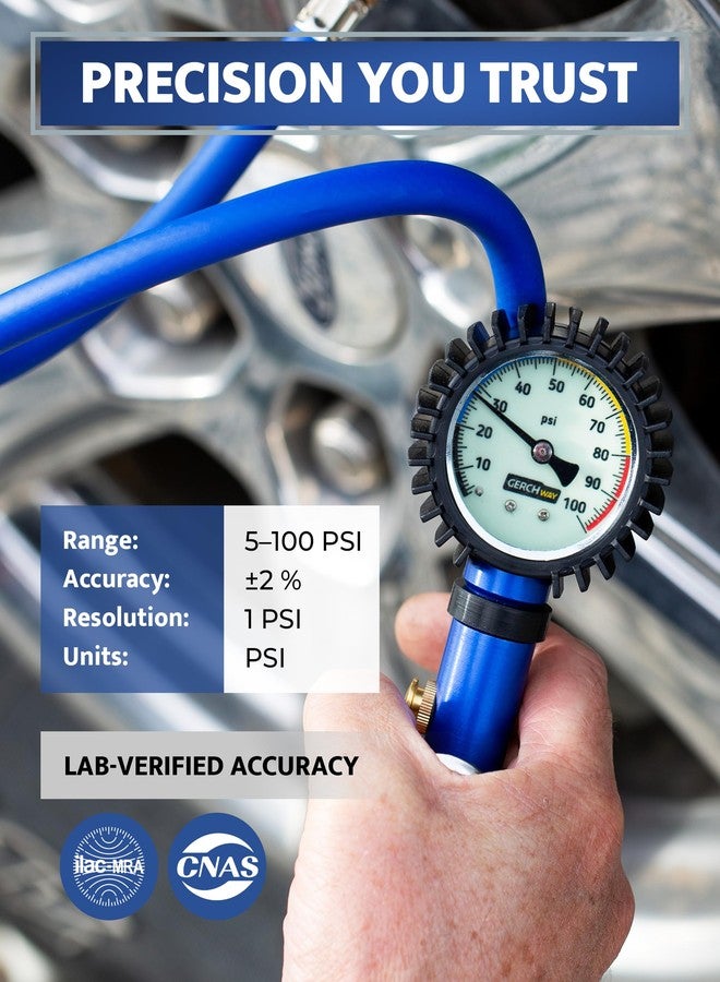 GERCHWAY Tire Pressure Gauge with Inflator and Longer Hose - Most Accurate, Heavy Duty Air Chuck with Gauge for Air Compressor Tire Inflator Attachment - 100PSI - Image 3