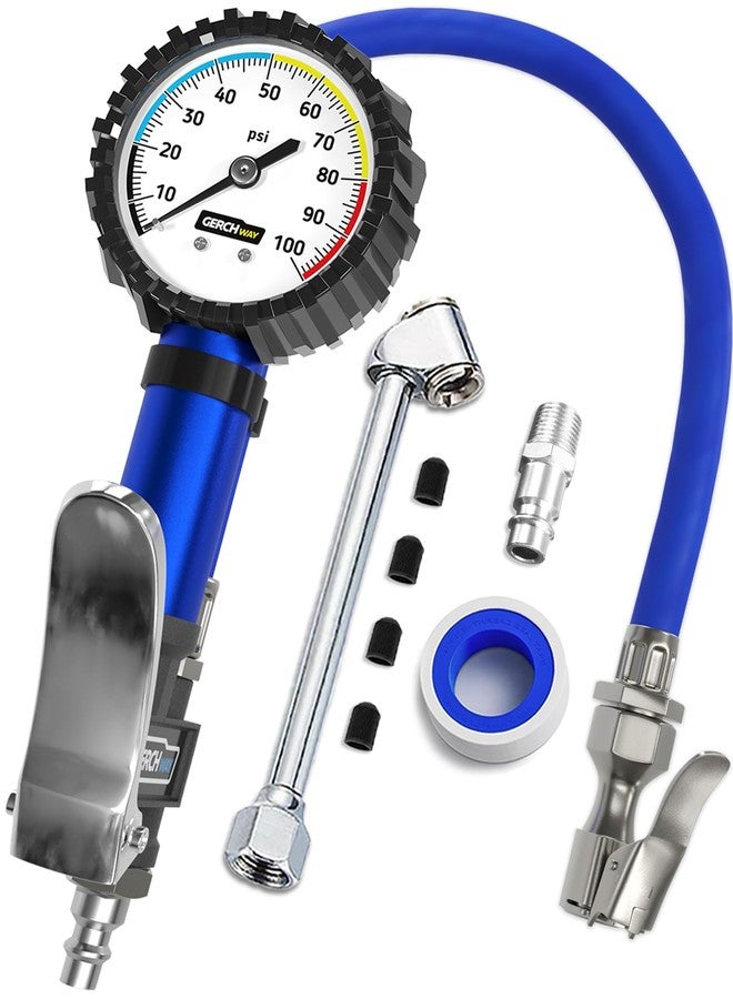 GERCHWAY Tire Pressure Gauge with Inflator and Longer Hose - Most Accurate, Heavy Duty Air Chuck with Gauge for Air Compressor Tire Inflator Attachment - 100PSI - Image 1