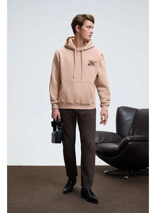 GRIMELANGE LELAND Men's Hooded Kangaroo Pocket Front‑Printed Regular Fit Beige Sweatshirt.