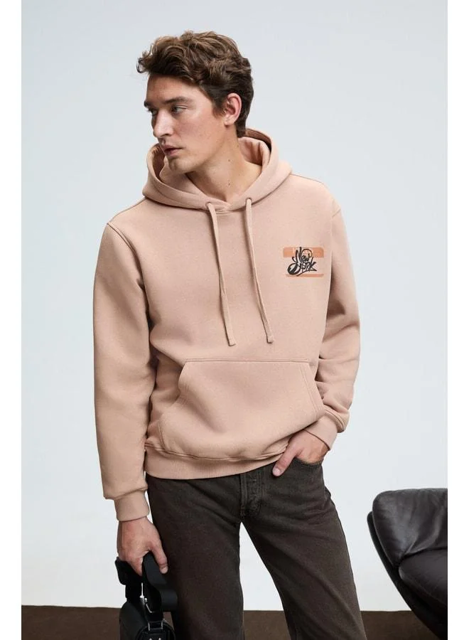 GRIMELANGE LELAND Men's Hooded Kangaroo Pocket Front‑Printed Regular Fit Beige Sweatshirt.
