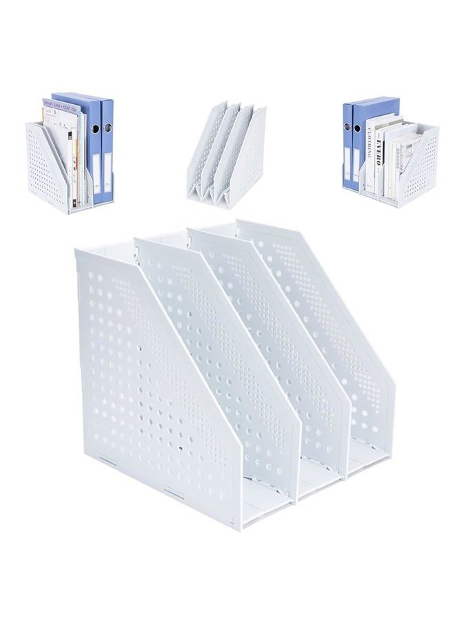 FRETONBA Collapsible Magazine File Holder with 3 Vertical Compartments Foldable Binder Holder for Desk Binder Storage Organizer Plastic Magazine Holders for Shelf, Light Gray - Image 1