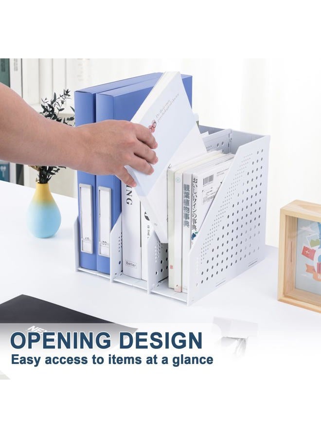 FRETONBA Collapsible Magazine File Holder with 3 Vertical Compartments Foldable Binder Holder for Desk Binder Storage Organizer Plastic Magazine Holders for Shelf, Light Gray - Image 2
