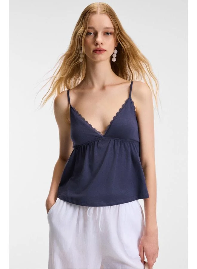GRIMELANGE CLARVIA Women's Triangle Breast Cup Lace-Detail Adjustable Strap Navy Blouse.