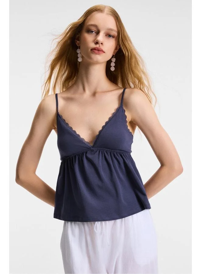 GRIMELANGE CLARVIA Women's Triangle Breast Cup Lace-Detail Adjustable Strap Navy Blouse.