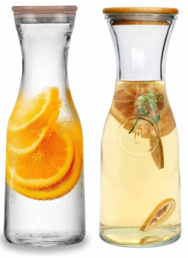 Generic 2PCS Glass Water Carafe with Bamboo and Stainless Steel Lid, Beverage Dispenser, Clear Carafe for Water, Milk and Juice, Glass Carafe Pitcher (1.0L)  - Image 1